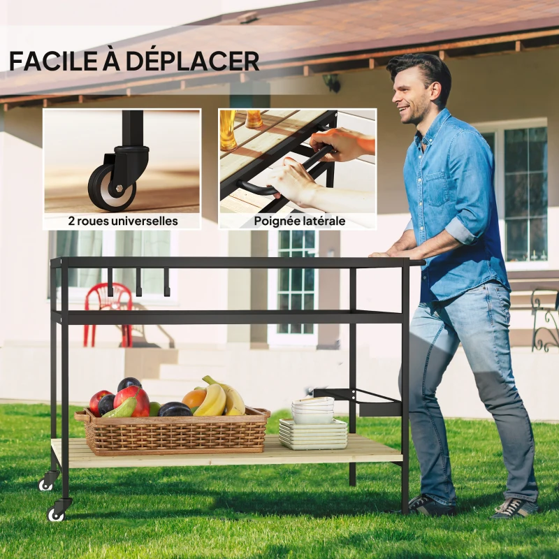 Outsunny Desserte de jardin chariot pour plancha en bois et métal 2 étagères 3 crochets 107 x 65 x 80 cm noir naturel