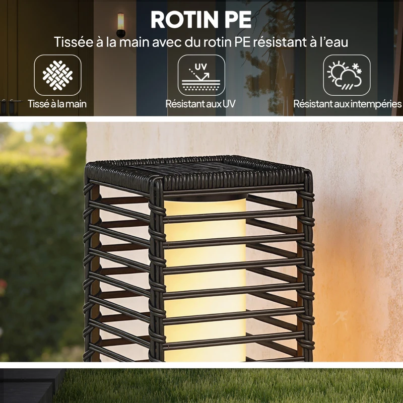 Outsunny Lanterne Solaire Extérieure en résine tressée lampadaire sans fil rechargeable capteur de lumière 16 x 16 x 68 cm noir