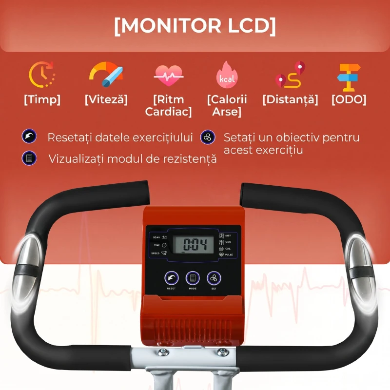 SPORTNOW Bicicletă Fitness Magnetică Pliabilă cu 8 Niveluri de Rezistență, Șa Reglabilă, din Oțel, 97x43x110 cm, Roșu(m-4)