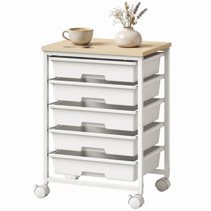 HOMCOM 6-Tier Storage Trolley on Wheels, Metal Kitchen Rolling Cart with 5 Pull-Out Drawers, White