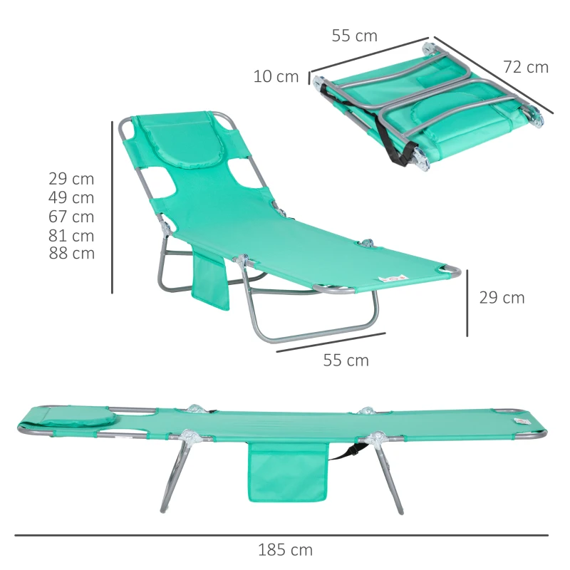 Outsunny Foldable Sun Lounger with Reading Hole - Portable Sun Lounger with 5-Level Adjustable Backrest, Reclining Lounge Chair with Side Pocket, Headrest Pillow, Green