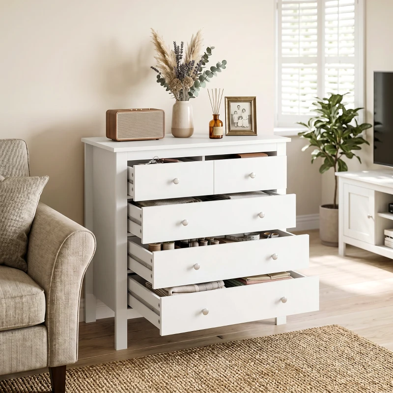 HOMCOM Cómoda de 5 Gavetas Móvel de Armazenamento com Puxadores Trilhos Metálicos em Madeira 79x39,5x80,5 cm Branco