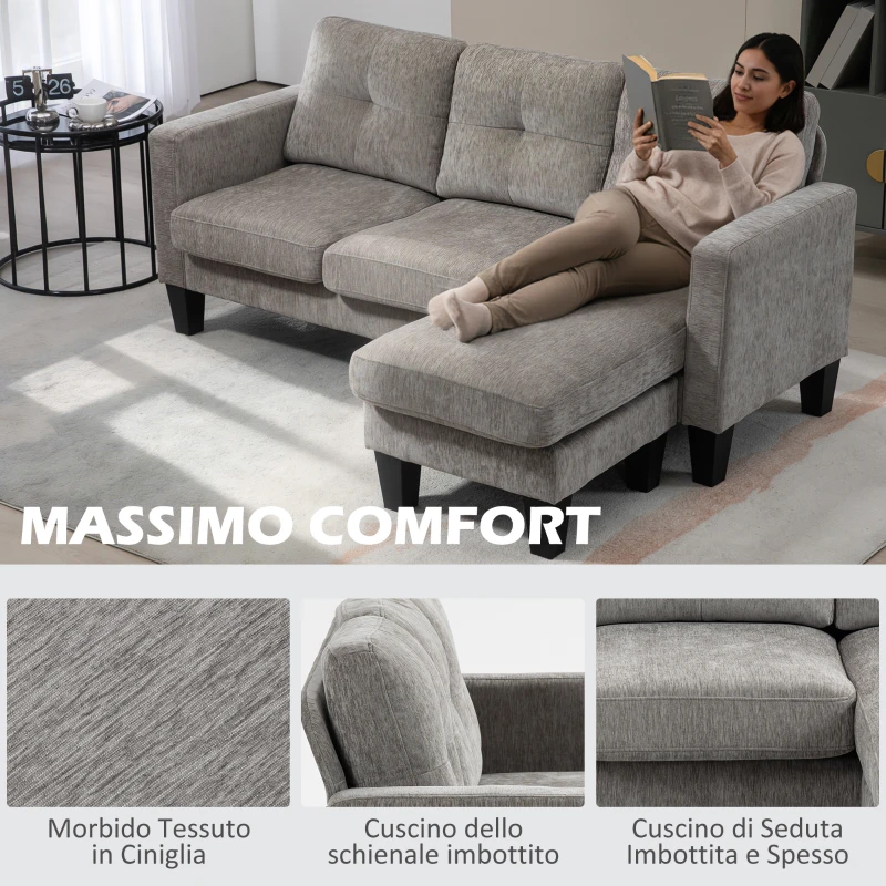 HOMCOM Divano Angolare 3 Posti con Cuscino per Seduta e Schienale, in Tessuto Effetto Ciniglia, 186x130x84 cm, Marrone