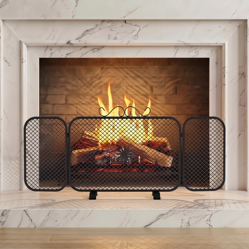 HOMCOM Protector de chispas para chimenea plegable de 3 paneles en metal con base desmontable, motivo floral, 90x16x40 cm, Negro