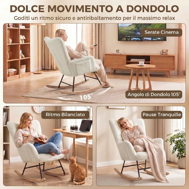 HOMCOM Sedia a Dondolo Imbottita con Tasche Laterali e Schienale Alto in Velluto Teddy, Bianco Crema