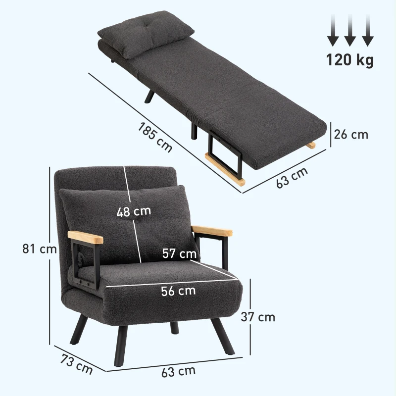 HOMCOM Sofá Cama Individual Plegable Silla Cama Convertible 4 en 1 Respaldo Ajustable de 5 Niveles y Almohada 63x73x81 cm Gris