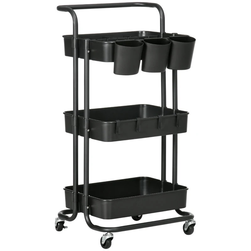 HOMCOM Chariot à 3 niveaux desserte avec 4 crochets et 3 boîtes suspendues amovibles pour 42 x 38 x 86,5 cm noir