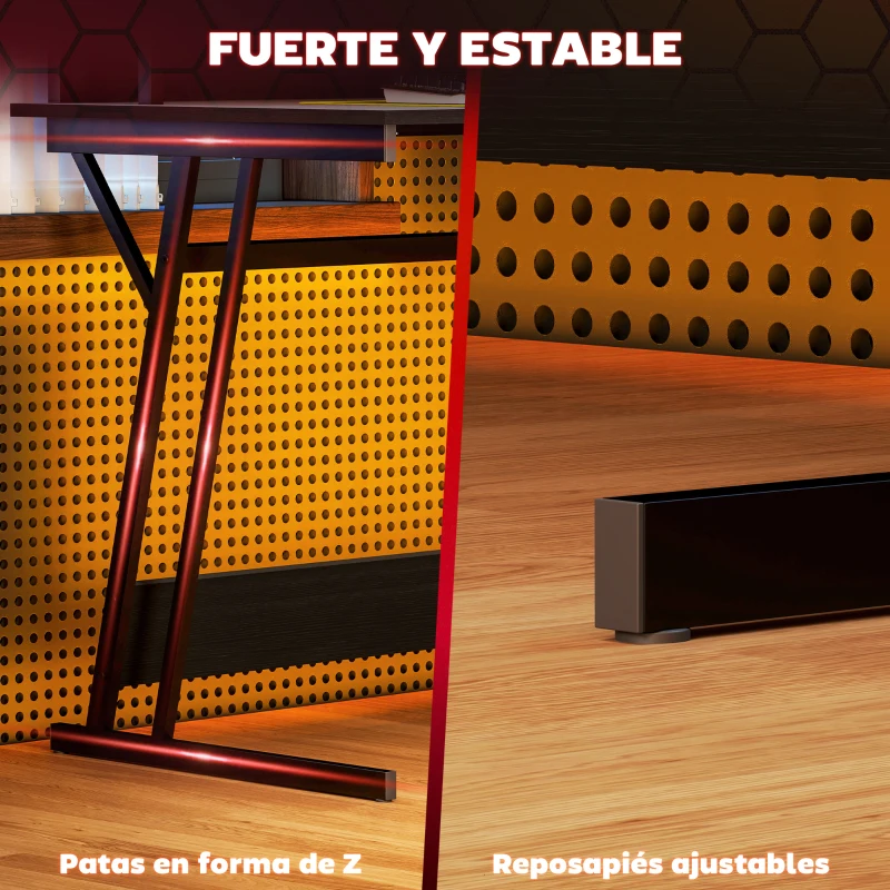 HOMCOM Escritorio Gaming con Luces LED 100x60 cm omas de Corriente Soporte para Monitor Estantes y Control Remoto Negro