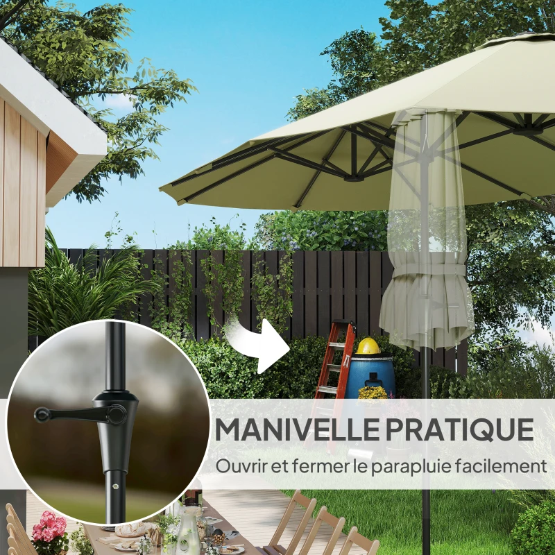 Outsunny Parasol de jardin extérieur, parasol double rectangulaire 4 x 2,2 x 2,3 m avec ouverture fermeture manivelle crème