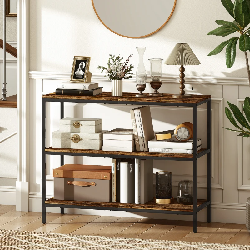 HOMCOM 3-Tier Console Table with Storage Shelves - Rustic Brown