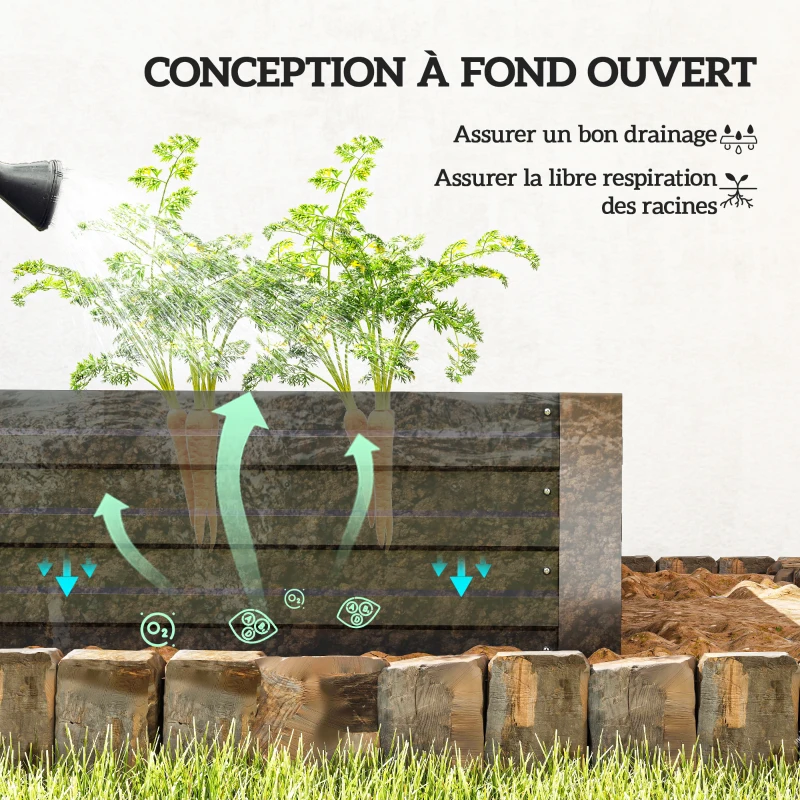 Outsunny Carré potager jardinière rectangulaire en acier galvanisé tuteurs pour tomates et plantes grimpantes 180 x 90 x 29,5 cm