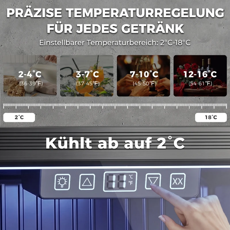 HOMCOM 50 L Getränkekühlschrank, Kühler für 48 Dosen mit Doppelglas-Tür, verstellbar Regal, LED-Beleuchtung Schwarz