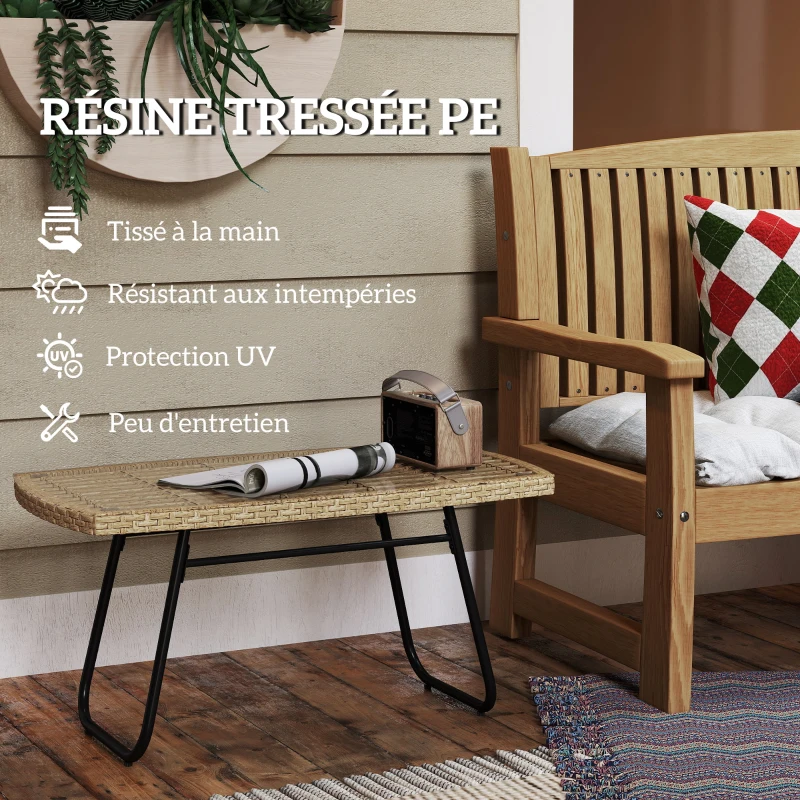 Outsunny Table d'appoint de jardin en résine tressée, 90x50x45cm, table basse de jardin avec plateau en verre trempé, naturel