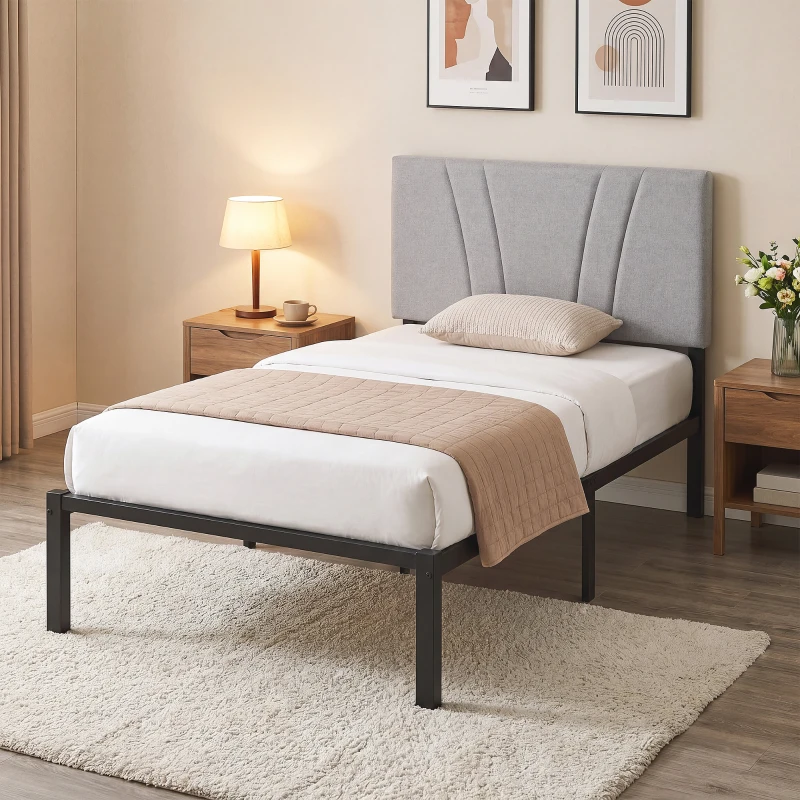 HOMCOM 3FT Single Bed Frame with Upholstered Headboard and Underbed Storage, Black and Light Grey