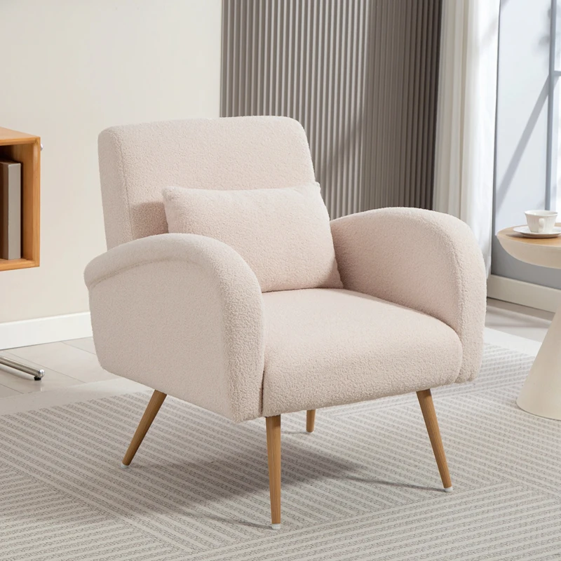 HOMCOM Fauteuil de salon en tissu Teddy, chaise rembourrée, assise large, coussin lombaire, pieds en métal effet bois, beige