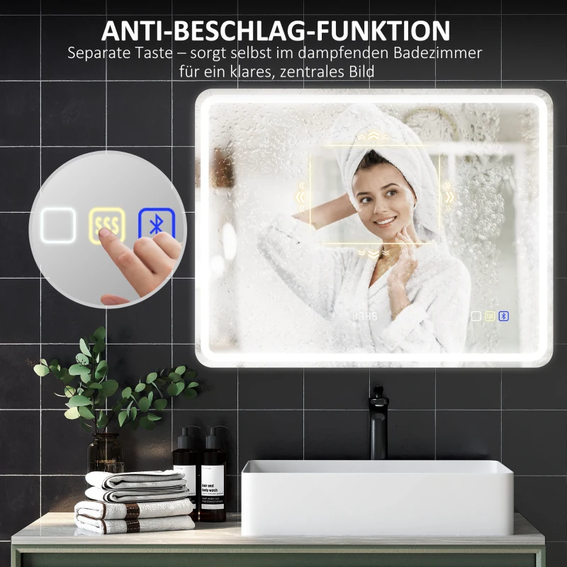 HOMCOM Badezimmerspiegel mit LED-Beleuchtung, Anti-Beschlags-Pad, 3 verstellbare Farben, Uhr, 700 x 900 mm, Silberfarben