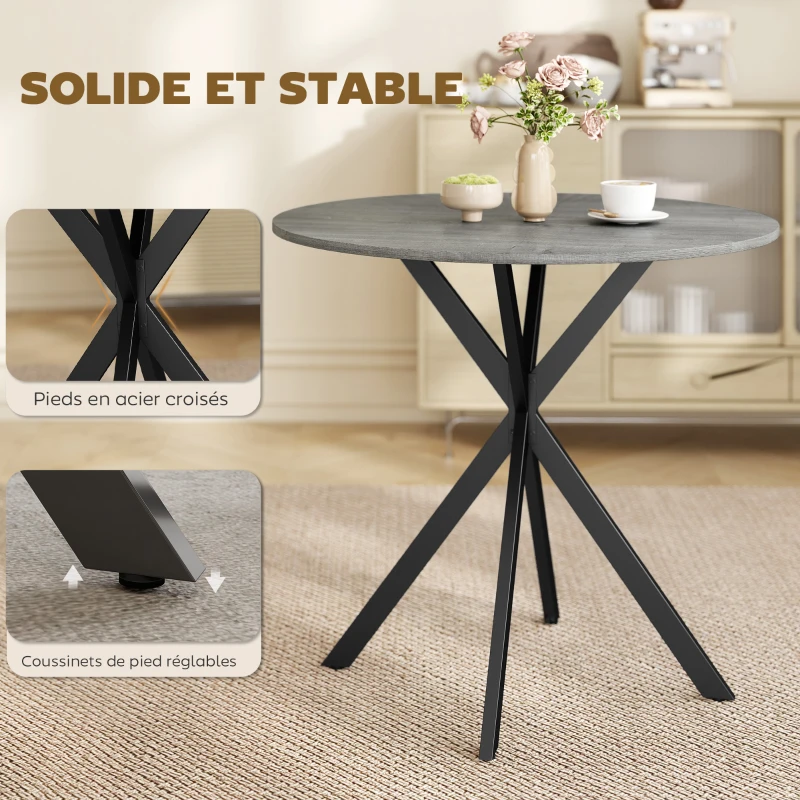 HOMCOM Table à Manger Ronde pour 2 Personnes avec Plateau Aspect Bois et Piètement Croisé en Acier, Gris