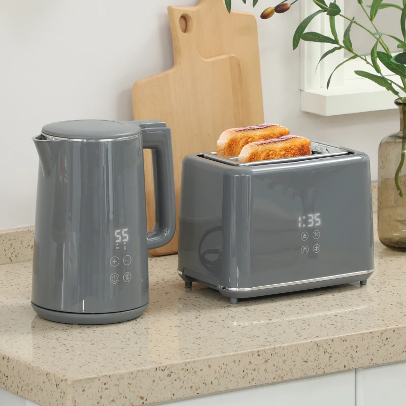HOMCOM Digital Stainless Steel Kettle and Toaster Set, 1.5L 3000W Fast Boil Kettle, 2 Slice Toaster with 7 Level Browning Controls, Defrost, Reheat, Keep Warm, Crumb Tray and LED Touch Display, Grey