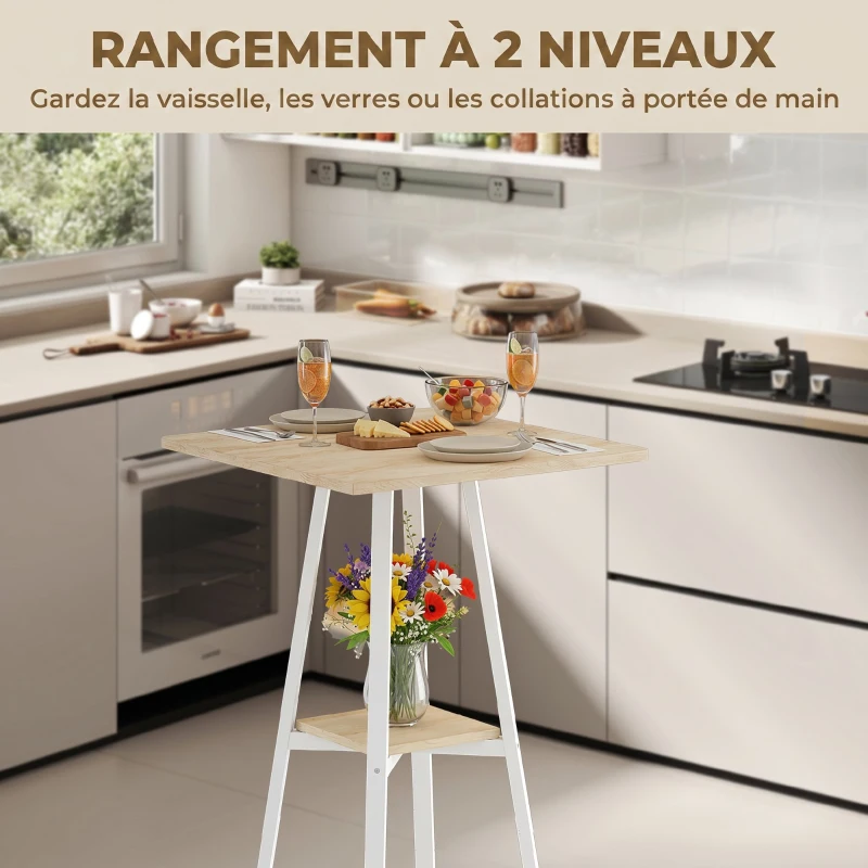 HOMCOM Table de bar carrée pour 2 personnes, table haute cuisine mange-debout avec étagère, 55 x 55 x 95 cm, naturel et blanc