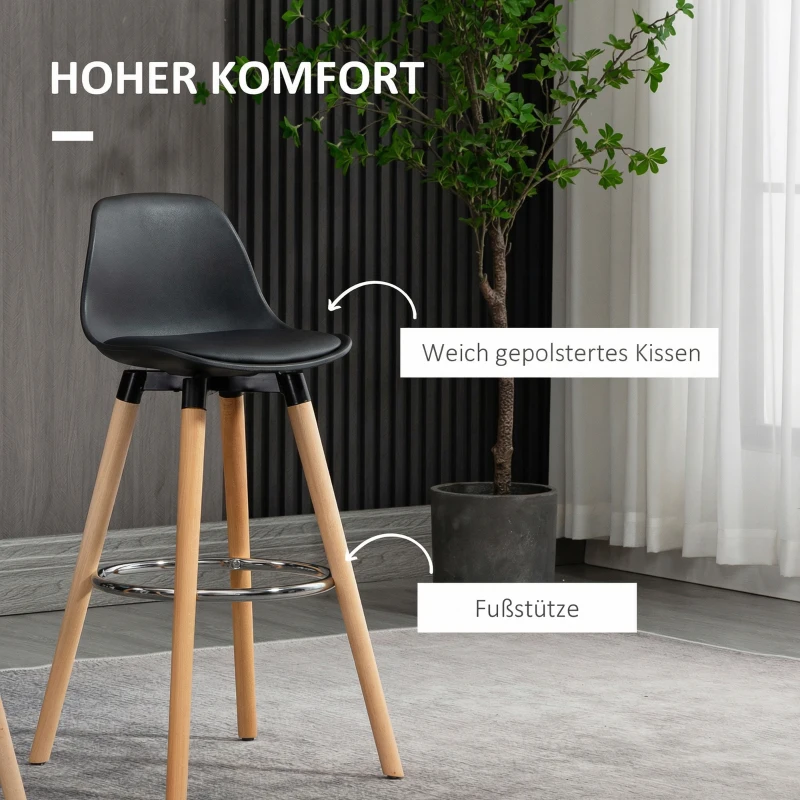 HOMCOM 2er-Set Barhocker Barstühle Skandi-Design, Fußtstütze, 43 cm x 43 cm x 91 cm, Natur + Schwarz