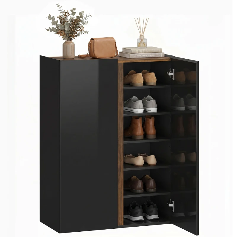 HOMCOM Schuhschrank mit leiser Sicherheitsöffnung, 6 Ebenen, grifflose Design, Hochglanz Schwarz