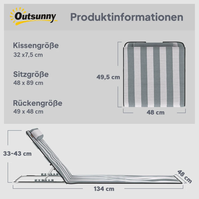Outsunny Sonnenliege klappbar Gartenliege mit Kopfkissen Liegestuhl mit 5-Fach verstellbare Rückenlehne Tragetasche Hellgrau