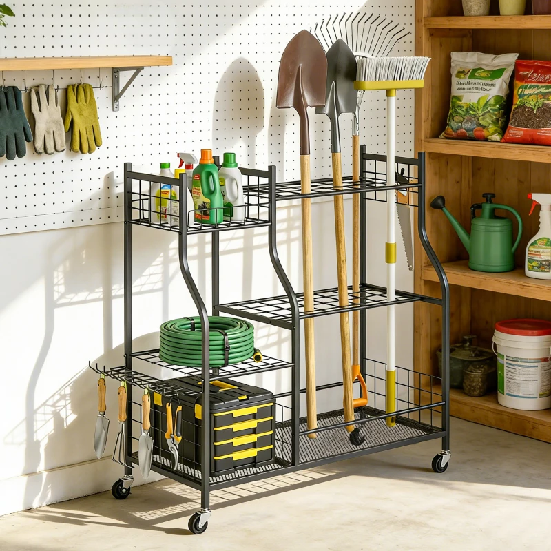 Outsunny Organisateur d'Outils de Jardin en Acier à 3 Niveaux, 32 Emplacements, 4 Roues, 11 Crochets, 104x40x95cm, Noir