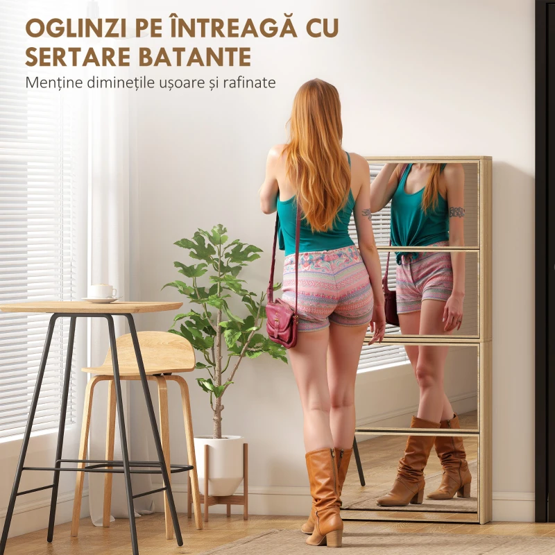 HOMCOM Dulap cu Oglindă și 4 Uși Rabatabile pentru Pantofi, 63x17x146 cm, Culoare Lemn