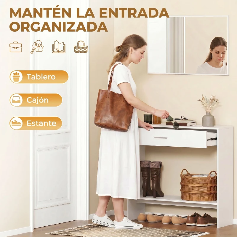 HOMCOM Recibidor de Entrada con Espejo Cajón y Estante Mueble de Recibidor para Pasillo 91,5x27,9x85,5 cm Blanco
