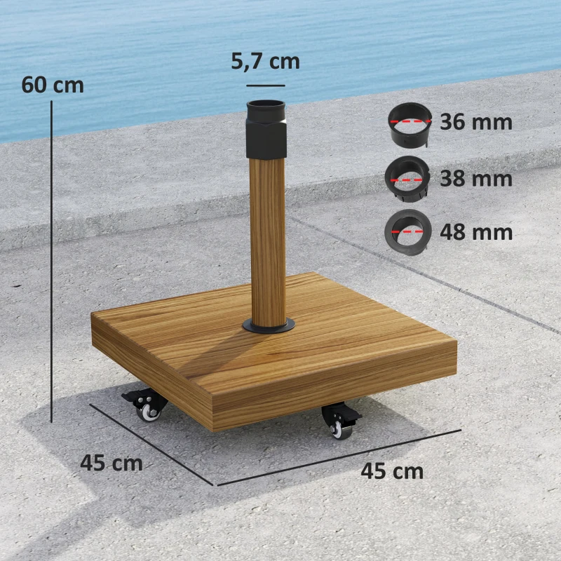 Outsunny Base per Ombrellone a Rotelle con Freni, Basamento per Ombrellone in Metallo con Cemento, per Pali di Ombrelloni da Ø36/38/48 mm, Effetto Legno Naturale