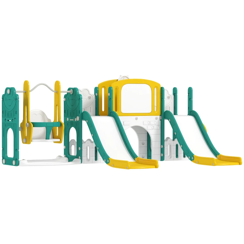 AIYAPLAY Conjunto de Escorrega e Balanço 9-in-1 para Crianças Pequenas, com Cesta de Basquete, Telescópio, Quadro de Desenho, Design de Sapo, Amarelo+Verde