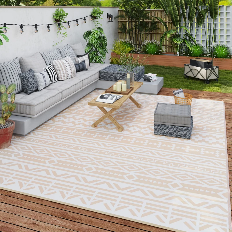 Outsunny Tapis d'extérieur réversible 3,7 x 2,7 m, tapis de sol motif mur géométrique en PP sac de transport kaki et beige clair