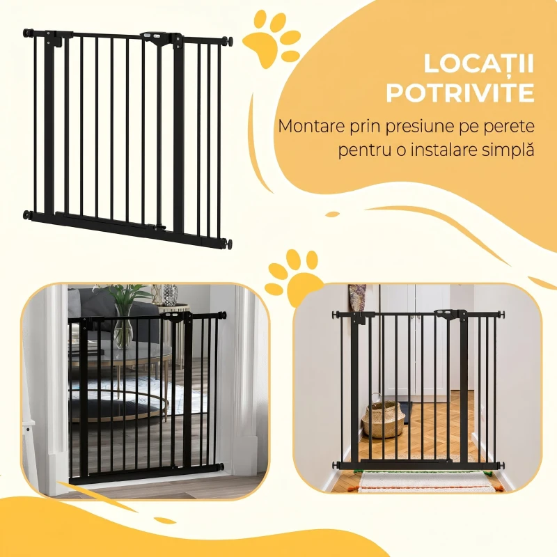 PawHut Barieră pentru Câini cu 2 Extensii și Lățime Reglabilă până la 100 cm, cu Închidere Automată, Negru