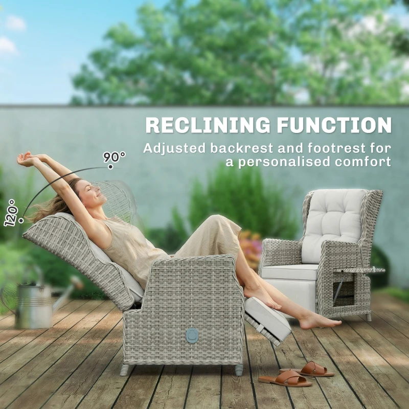 Outsunny Rattan Garden Recliner Chair, Reclining Garden Chair with Adjustable Back and Footrest, Flip Table, Cushion, Light Grey