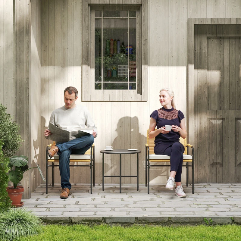 Outsunny Conjunto de Muebles de Jardín de Ratán Sintético con 2 Sillas con Cojines Extraíbles y Mesa con Tablero de Metal Natural