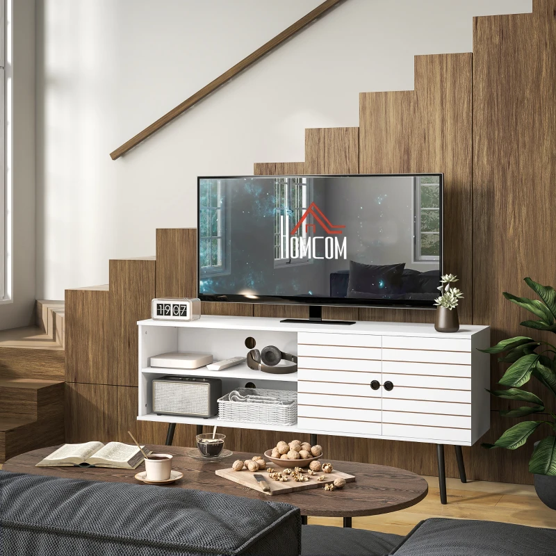 HOMCOM TV Stand with Cupboard, Open Shelves, Striped Doors, Wooden legs, White