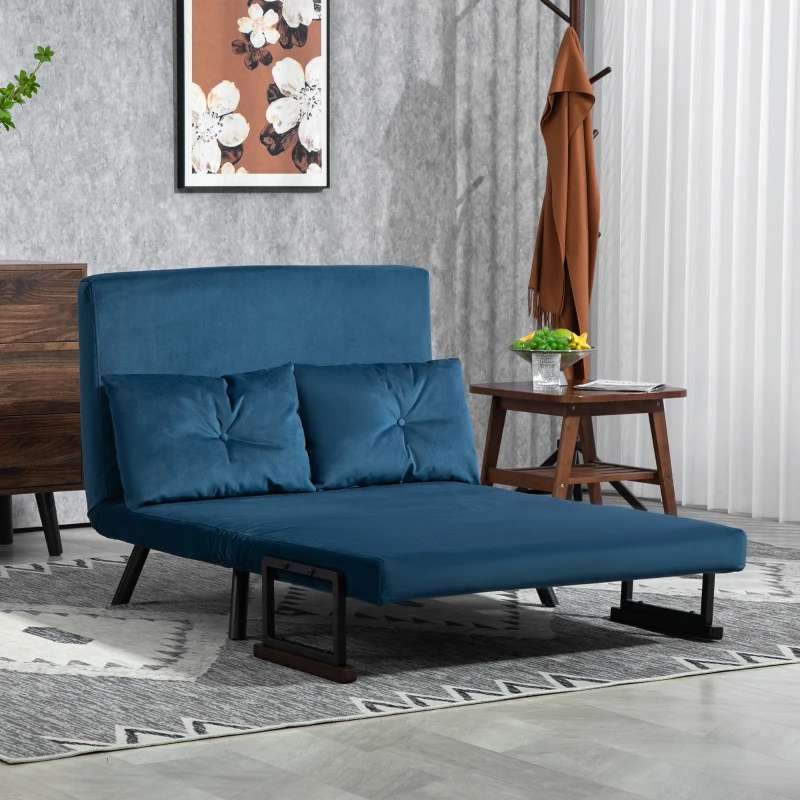 HOMCOM 4-in-1 Velvet-Feel Double Sofa Bed, with Pillows - Blue