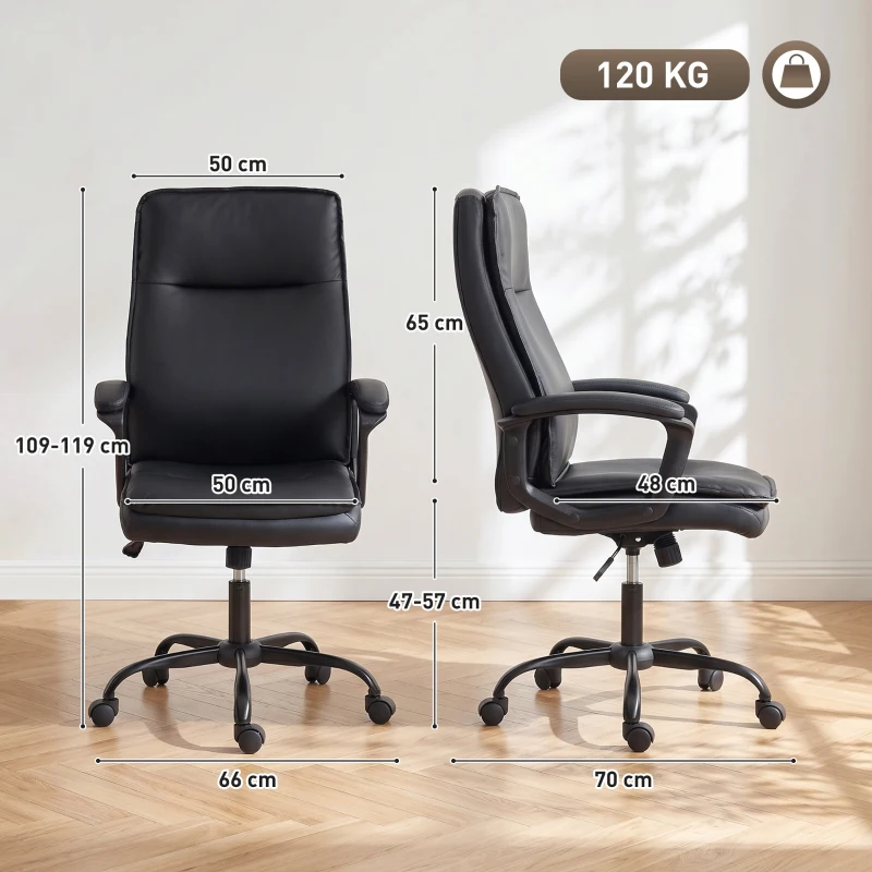 HOMCOM Scaun de Birou Rotativ din Piele PU, Funcție Legănare, Spătar Înalt, Reglabil pe Înălțime, Suportă 120 kg, Negru