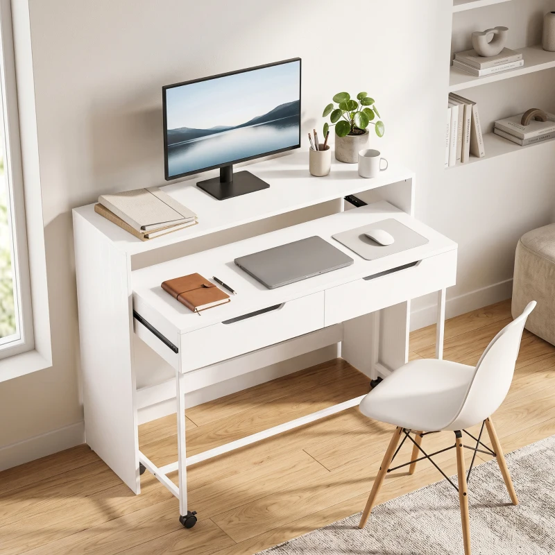 HOMCOM Escritorio Extensible para Ordenador 100 cm con 2 Cajones, Escritorio con Almacenamiento, Estilo Moderno, Blanco