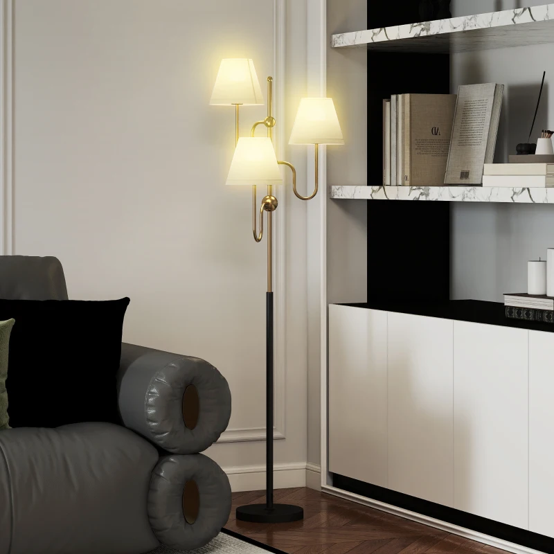 HOMCOM Lampadar Înalt de 165 cm cu 3 Surse de Lumină și Întrerupător cu Pedală, Soclu E27 Max 40W, Auriu