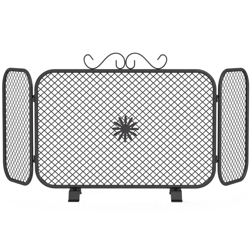 HOMCOM Kaminfunkenschutz, 3-teilig klappbar aus Metall mit abnehmbarer Basis, florales Muster, 90x16x40 cm, Schwarz