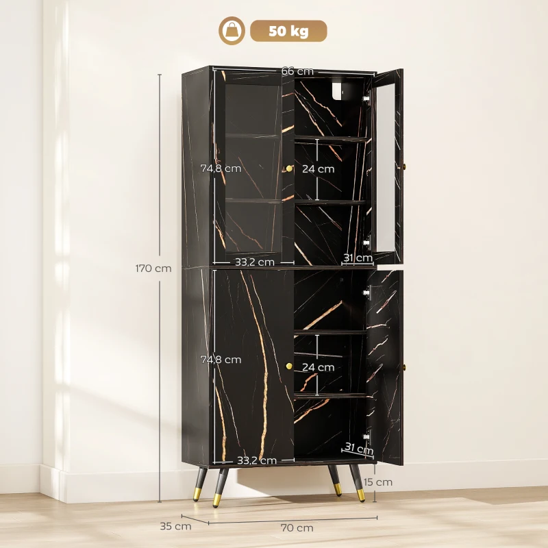 HOMCOM Bibliothèque, étagère à 6 niveaux, meuble de rangement 6 étagères ouvertes porte vitrée et placard 70 x 35 x 170 cm noir
