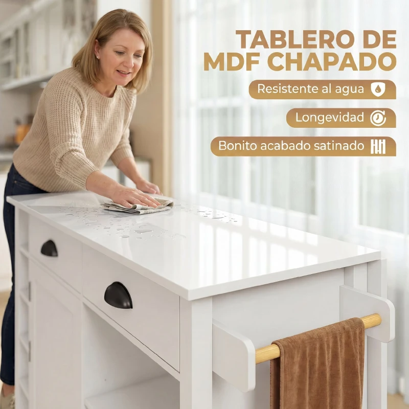HOMCOM Isla de Cocina con Ruedas Tapa Abatible Estantes en la Puerta Toallero Armario 2 Cajones 117,5x70x91 cm Blanco