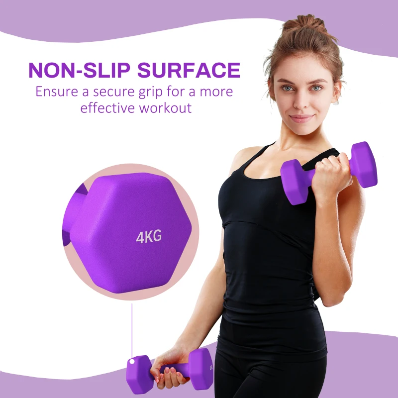 SPORTNOW 2 x 4kg Hexagonal Dumbbells Weights Set with Non-Slip Grip for Home Gym Workout, Purple