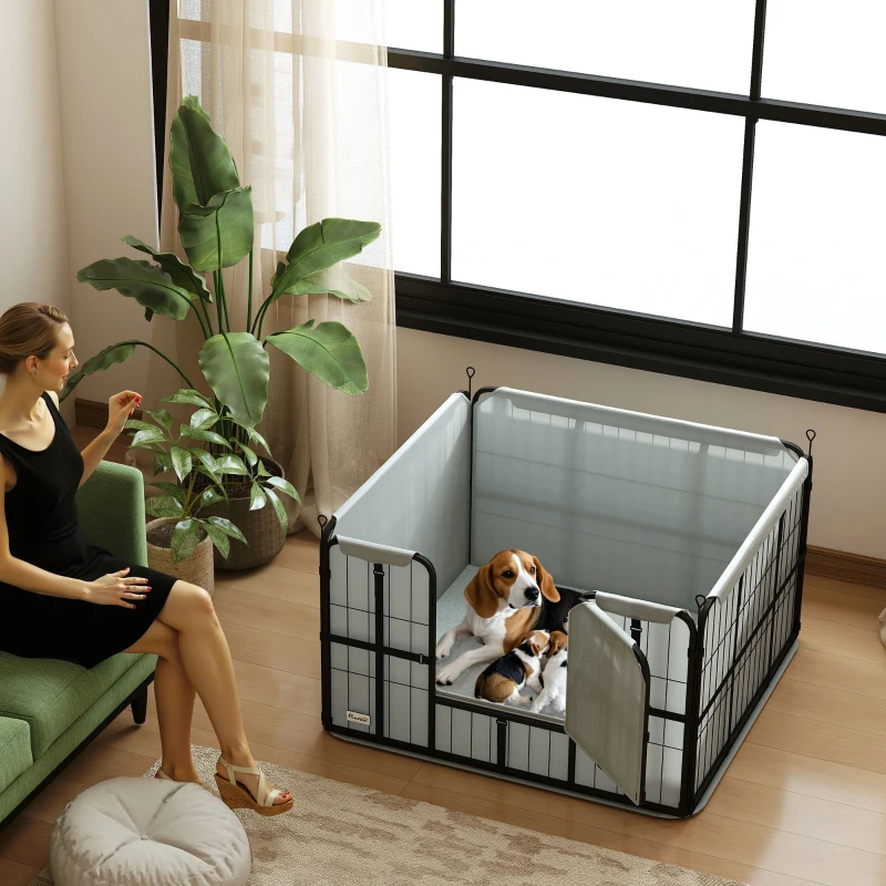 PawHut Steel Dog Whelping Box with Washable Whelping Pad, Wind-Resistant Cloth, for Small, Medium Dogs, 102 x 102 x 60cm