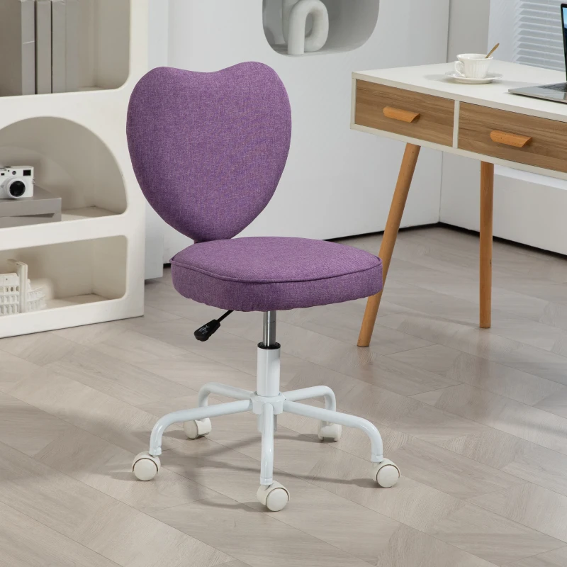 HOMCOM Scaun de Birou cu Spătar în Formă de Inimă, 5 Roți și Înălțime Reglabilă, din Material Textil, 40x50x79-89 cm, Mov(m-9)