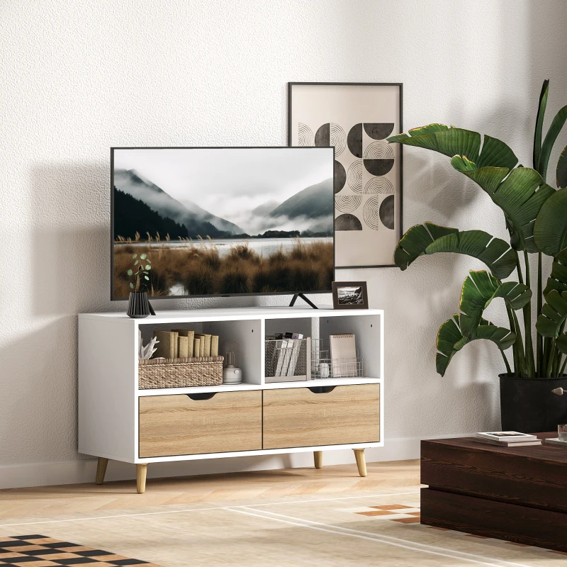 HOMCOM TV-Schrank, TV-Kommode mit Schubladen, Offene Regale, Holz, 99 x 39 x 58 cm, Weiß