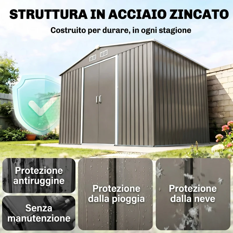 Outsunny Cobertizo de Jardín 4,9 m² 277x195x192 cm con 2 Puertas Corredizas Base Refuerzo (Suelo NO Incluido) Gris