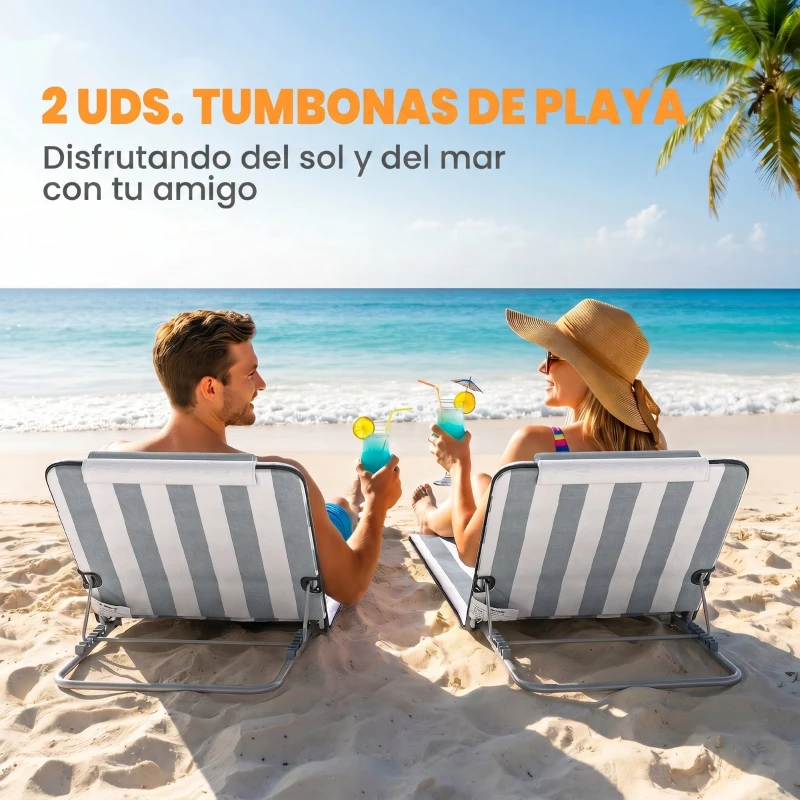 Outsunny Conjunto de 2 Esterillas con Respaldo Reclinable Reposacabezas y Bolsa de Transporte 134x48x33-43 cm Blanco y Gris