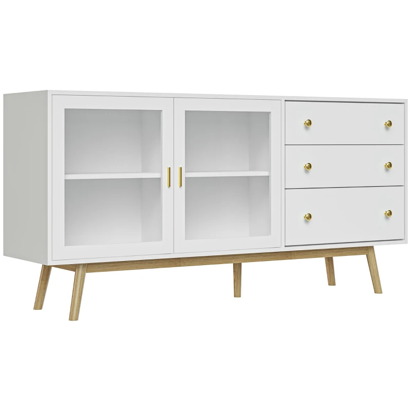 HOMCOM Aparador de Comedor con 2 Puertas de Cristal 3 Cajones y Patas de Madera de Caucho para Cocina Salón 160x40x80 cm Blanco